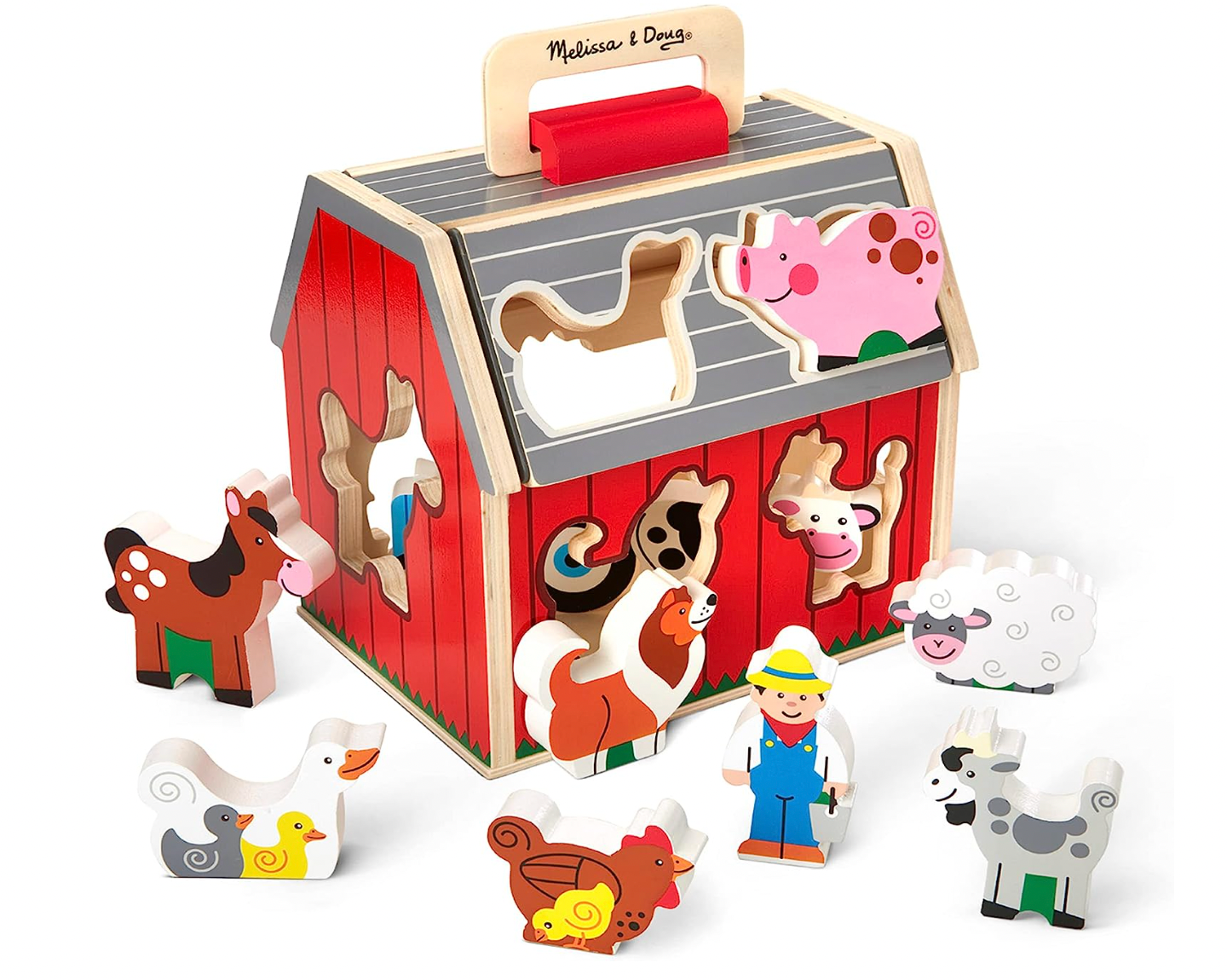 Melissa & Doug Wooden Take-Along Sorting Barn Toy with Flip-Up Roof and Handle, 10 Wooden Farm Play Pieces