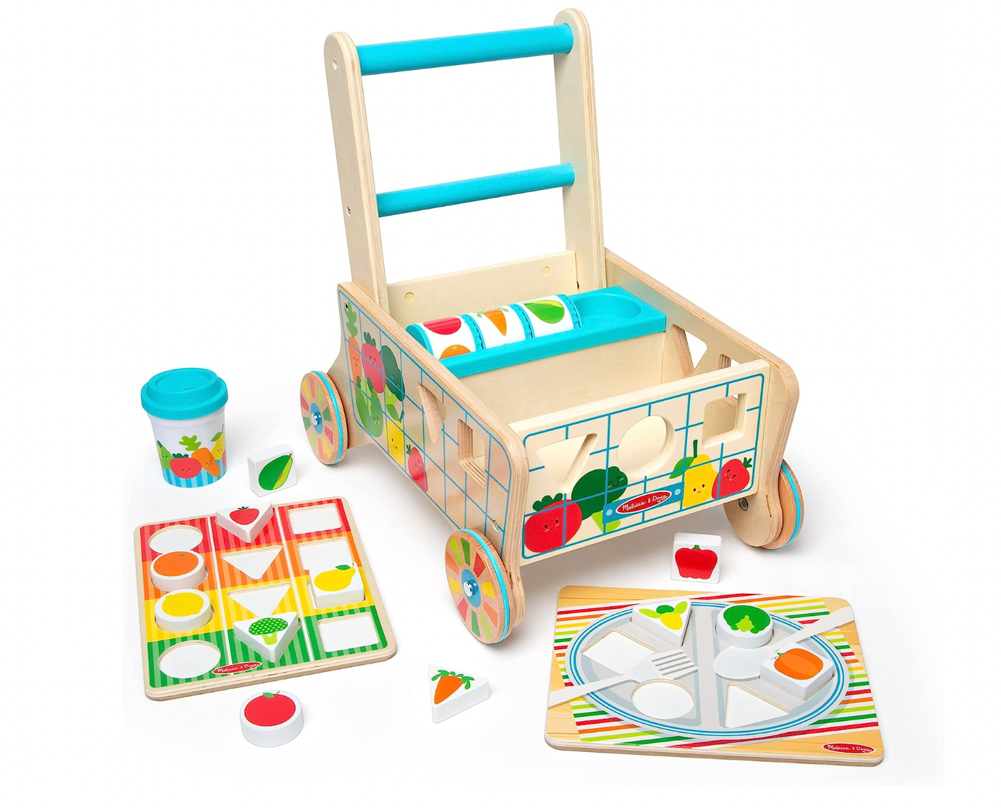 Melissa & Doug Wooden Shape Sorting Grocery Cart Push Toy and Puzzles