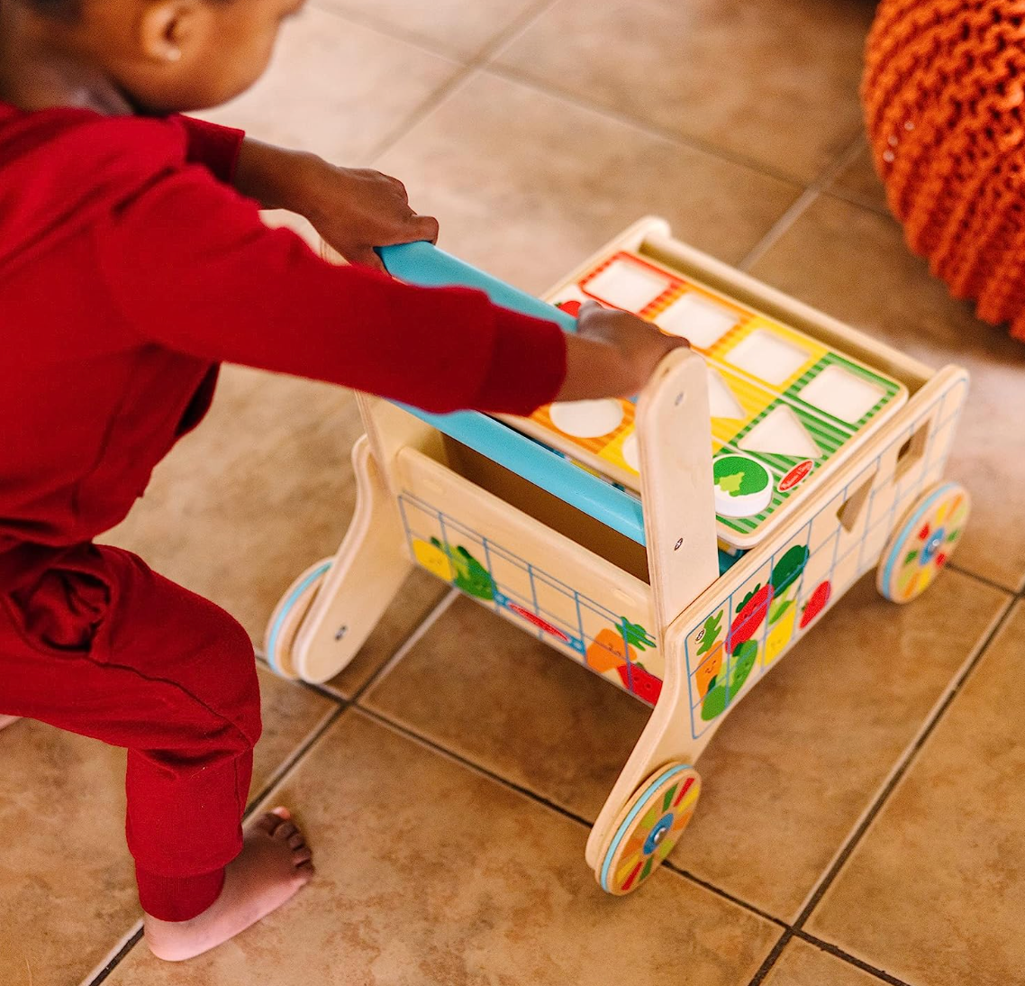 Melissa & Doug Wooden Shape Sorting Grocery Cart Push Toy and Puzzles